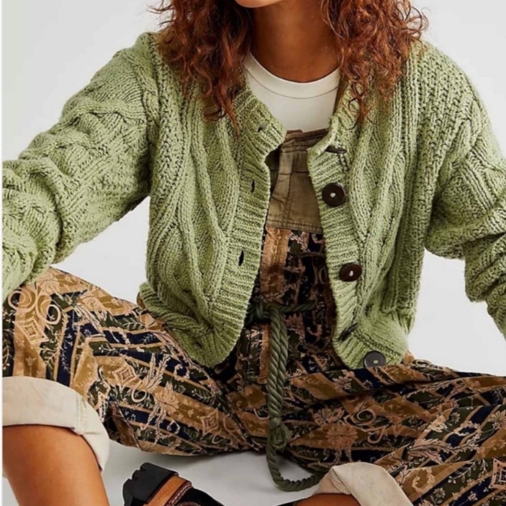 Free People Olive Green Cable Knit Button Cardigan - Picture 2 of 7